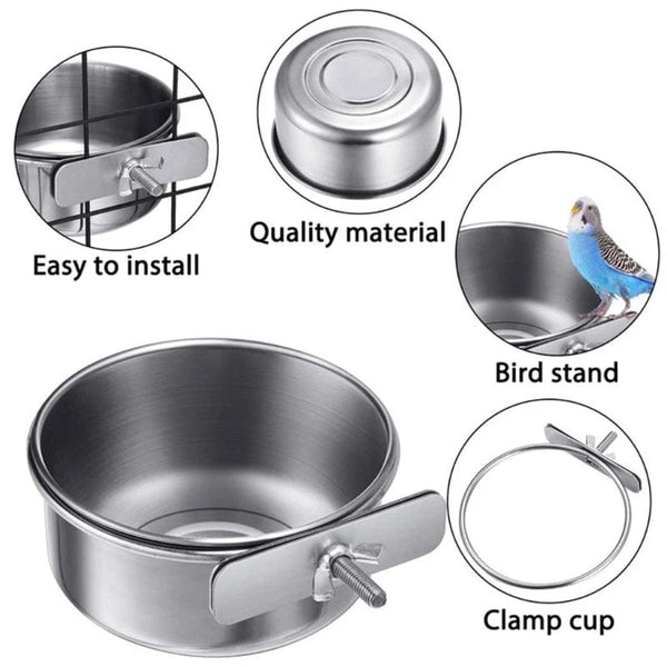 Planet Gates Parrot Feeding Cups Bird Feeder Dish Removable Stainless Steel Food Bowls with Clamp Holder for Cage for Small Animals Bird Cage