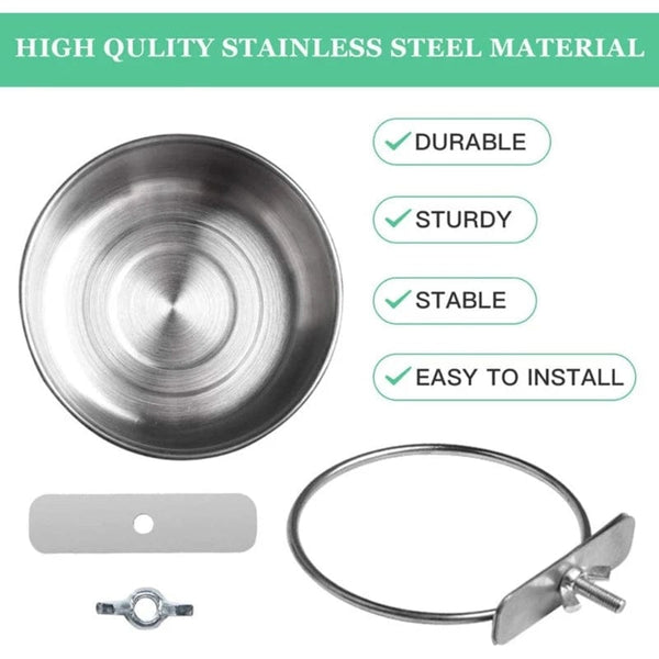 Planet Gates Parrot Feeding Cups Bird Feeder Dish Removable Stainless Steel Food Bowls with Clamp Holder for Cage for Small Animals Bird Cage