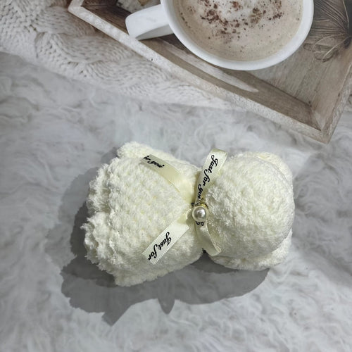 Planet Gates Pearl Bear White (White Ribbon) / 30*30cm Pearl Bear 1pc Cute Bear Shaped Towel, Super Soft Square Towel, Coral Velvet Towel, Cute Towel Gift, Home Decor, Housewarming Gift