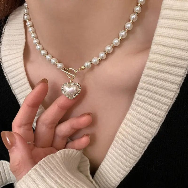 Planet Gates pearl necklace Elegant Pearl Necklace For Women Heart Pendant Necklaces Luxury Imitation Pearls Chain Necklaces Korean Jewelry Girls Gifts