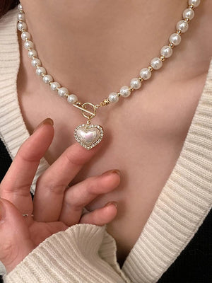Planet Gates pearl necklace Elegant Pearl Necklace For Women Heart Pendant Necklaces Luxury Imitation Pearls Chain Necklaces Korean Jewelry Girls Gifts