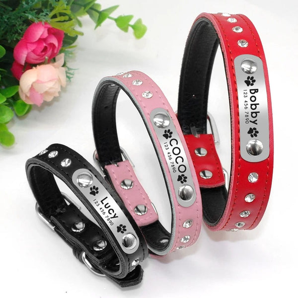 Planet Gates Personalized Dog Cat Collar Adjustable Cat Crystal Collars Anti-lost Leather Puppy Cats Necklace Bowtie Rhinestone Accessories