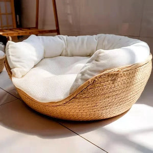 Planet Gates Pet Bed with Pillow / 32cmx32cm Pet Bed Soft Cat Kennel Dog Beds Sofa Bamboo Weaving Four Season Cozy Nest Baskets Waterproof Removable Cushion Sleeping Bag