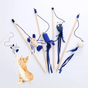 Planet Gates Pet Cat Teaser Multi Color Bird Feather Plush Cat Wooden Interactive Cat Catcher Stick Mouse Fish Cat Interactive Toys with Bell