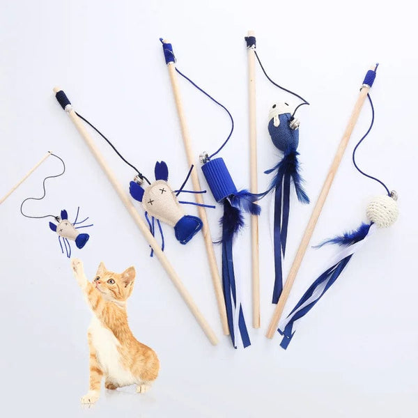 Planet Gates Pet Cat Teaser Multi Color Bird Feather Plush Cat Wooden Interactive Cat Catcher Stick Mouse Fish Cat Interactive Toys with Bell