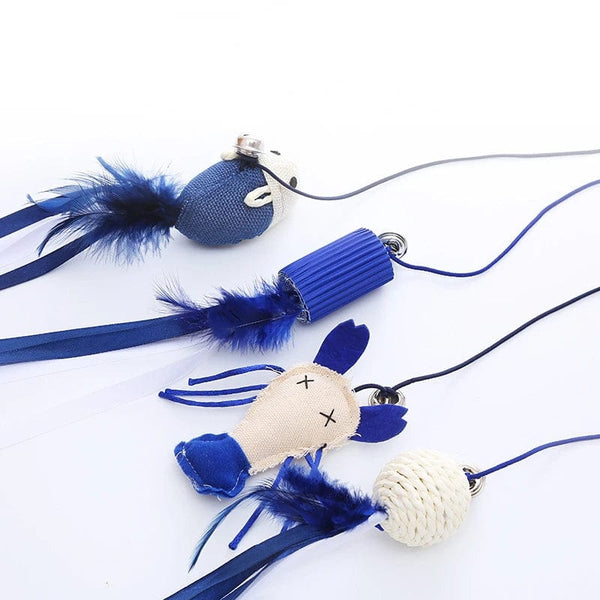 Planet Gates Pet Cat Teaser Multi Color Bird Feather Plush Cat Wooden Interactive Cat Catcher Stick Mouse Fish Cat Interactive Toys with Bell