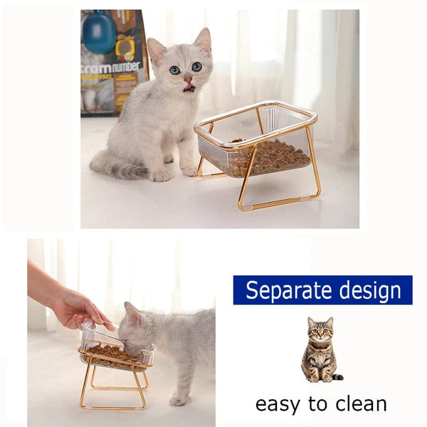 Planet Gates Pet Double Bowl Transparent High Foot Cat Bowl Drink water Cat Food With Golden Stand Raised Water Feeder Dog Bowl Supplies