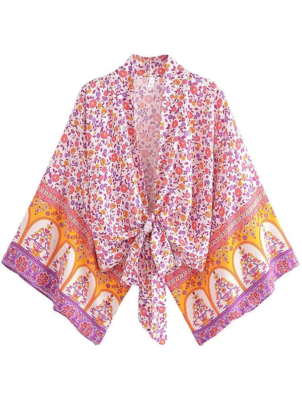 Planet Gates pink 02 / S Boho Vintage Floral Print Beach Summer Short Kimono Women Fashion Ladies Casual V Neck Batwing Sleeves Bohemian Cover-ups