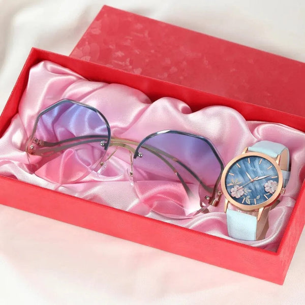 Planet Gates Pink 1 Women Pink Watch & Glasses Set Fashion Female Casual Leather Belt Watches Ladies Quartz Wristwatches Dress Clock Montre Femme