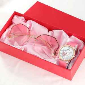 Planet Gates Pink 1 Women Pink Watch & Glasses Set Fashion Female Casual Leather Belt Watches Ladies Quartz Wristwatches Dress Clock Montre Femme
