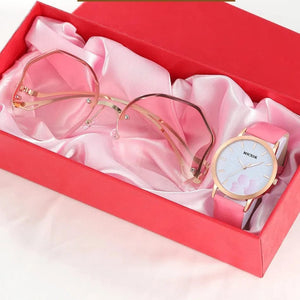 Planet Gates Pink 1 Women Pink Watch & Glasses Set Fashion Female Casual Leather Belt Watches Ladies Quartz Wristwatches Dress Clock Montre Femme