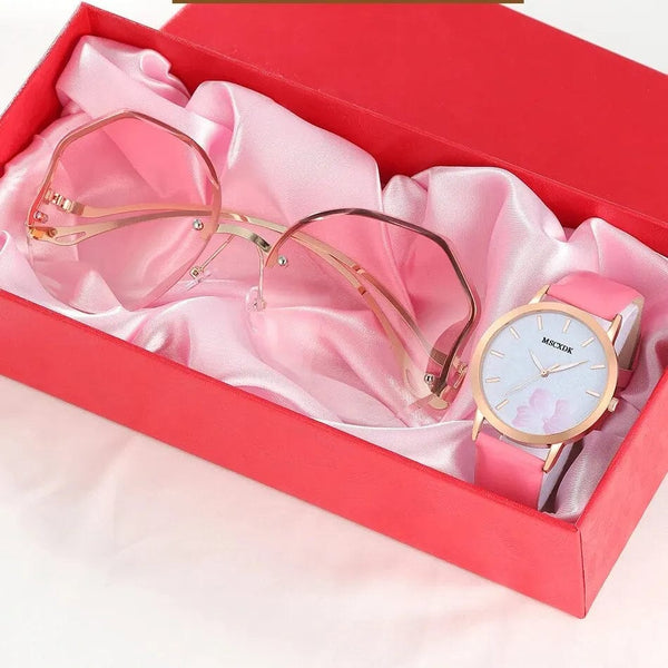 Planet Gates Pink 1 Women Pink Watch & Glasses Set Fashion Female Casual Leather Belt Watches Ladies Quartz Wristwatches Dress Clock Montre Femme