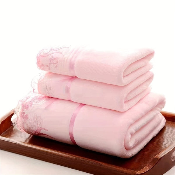 Planet Gates Pink / 140x70cmx1pc+75x35cmx2pcs 3pcs Lace Embroidery Towel Set, Household Microfiber Towel, Soft Absorbent Hand Towel Bath Towel, Bath Linen Sets For Bathroom, 1 Bath Towel & 2 Hand Towel, Bathroom Supplies, Bathroom Accessories