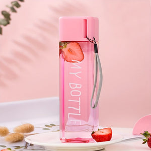 Planet Gates Pink 1pc, 17oz/500ml Minimalist Square Plastic Water Cup, Leak Proof, With Lifting Rope And Lid, Portable Sports Water Bottle, Suitable For Outdoor Fitness, Sports, And Travel