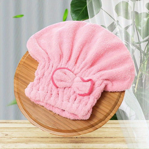 Planet Gates pink 1pc Quick Drying Shower Caps For Women, Coral Velvet Microfiber Hair Towel With Bowknot Wrap, Perfect For Bathroom And Salon Use, Bathroom Supplies, Bathroom Accessories