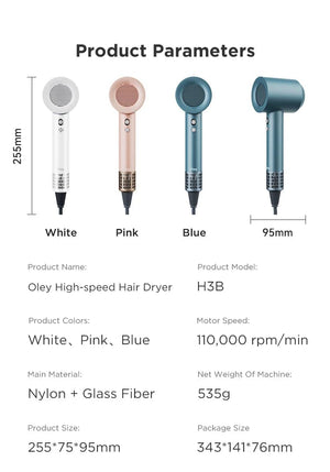 Planet Gates Pink 2 Nozzles / EU Oley High-speed Hair Dryer 900W Lightweight Powerful Brushless Motor Low Noise Quick Dryer Negative Ionic Blow Dryer