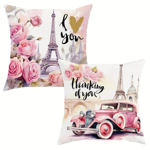 Planet Gates Pink 2pcs Paris Eiffel Tower Floral Car Pink Throw Pillow Covers, Valentine'S Day Throw Pillow Covers, Velvet Decorative Cushion Cover 45×45Cm/18"×18" For Valentine'S Day Party Living Room Bedroom Sofa Bed Home