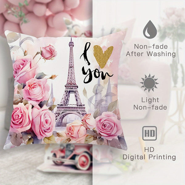 Planet Gates Pink 2pcs Paris Eiffel Tower Floral Car Pink Throw Pillow Covers, Valentine'S Day Throw Pillow Covers, Velvet Decorative Cushion Cover 45×45Cm/18"×18" For Valentine'S Day Party Living Room Bedroom Sofa Bed Home