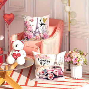 Planet Gates Pink 2pcs Paris Eiffel Tower Floral Car Pink Throw Pillow Covers, Valentine'S Day Throw Pillow Covers, Velvet Decorative Cushion Cover 45×45Cm/18"×18" For Valentine'S Day Party Living Room Bedroom Sofa Bed Home