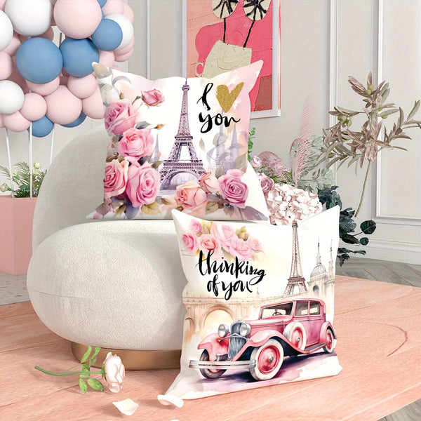 Planet Gates Pink 2pcs Paris Eiffel Tower Floral Car Pink Throw Pillow Covers, Valentine'S Day Throw Pillow Covers, Velvet Decorative Cushion Cover 45×45Cm/18"×18" For Valentine'S Day Party Living Room Bedroom Sofa Bed Home