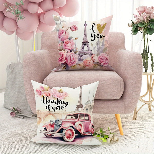 Planet Gates Pink 2pcs Paris Eiffel Tower Floral Car Pink Throw Pillow Covers, Valentine'S Day Throw Pillow Covers, Velvet Decorative Cushion Cover 45×45Cm/18"×18" For Valentine'S Day Party Living Room Bedroom Sofa Bed Home