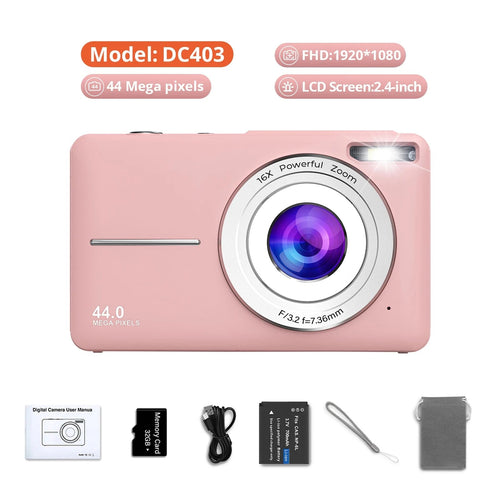 Planet Gates Pink 32G-DC403 HD 1080P digital Camera 2.4 inches Rechargeable Cameras with 16x Zoom Compact Camera 44MP Cameras for kids Girls camera digit