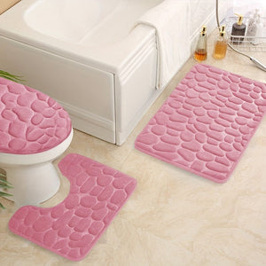 Planet Gates Pink 3pcs/set, Memory Foam Bathroom Rugs Set, Cobblestone Embossed Ultra Soft Non-Slip Bath Rug & Absorbent Bath Mat Carpets, Includes U-Shaped Contour Rug, Perfect For Bathroom/Shower, Bathroom Supplies