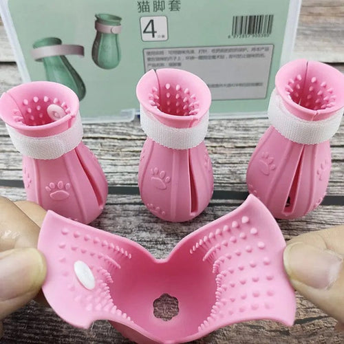Planet Gates Pink (4 pieces) Cat Claw Protector Bath Anti-Scratch Cat Shoes For Cat Adjustable Pet Bath Wash Boots Cat Paw Nail Cover Pet Grooming Supplies