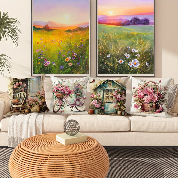 Planet Gates Pink 4pcs Bicycle Floral Basket Cabin Green Pink Throw Pillow Cover, Spring Farmhouse Throw Pillow Cover Velvet Decorative Throw Pillow Cover 45×45Cm/18"×18", Suitable For Spring Party Living Room Bedroom Sofa Bed Decoration