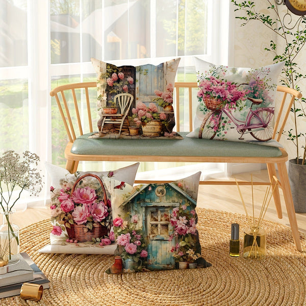 Planet Gates Pink 4pcs Bicycle Floral Basket Cabin Green Pink Throw Pillow Cover, Spring Farmhouse Throw Pillow Cover Velvet Decorative Throw Pillow Cover 45×45Cm/18"×18", Suitable For Spring Party Living Room Bedroom Sofa Bed Decoration