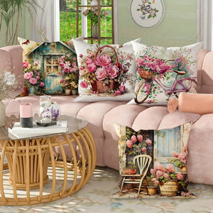 Planet Gates Pink 4pcs Bicycle Floral Basket Cabin Green Pink Throw Pillow Cover, Spring Farmhouse Throw Pillow Cover Velvet Decorative Throw Pillow Cover 45×45Cm/18"×18", Suitable For Spring Party Living Room Bedroom Sofa Bed Decoration