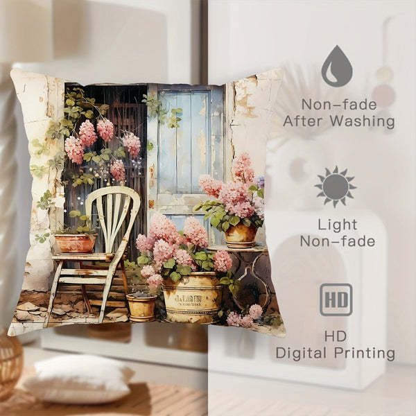 Planet Gates Pink 4pcs Bicycle Floral Basket Cabin Green Pink Throw Pillow Cover, Spring Farmhouse Throw Pillow Cover Velvet Decorative Throw Pillow Cover 45×45Cm/18"×18", Suitable For Spring Party Living Room Bedroom Sofa Bed Decoration