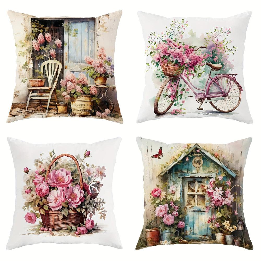 Planet Gates Pink 4pcs Bicycle Floral Basket Cabin Green Pink Throw Pillow Cover, Spring Farmhouse Throw Pillow Cover Velvet Decorative Throw Pillow Cover 45×45Cm/18"×18", Suitable For Spring Party Living Room Bedroom Sofa Bed Decoration