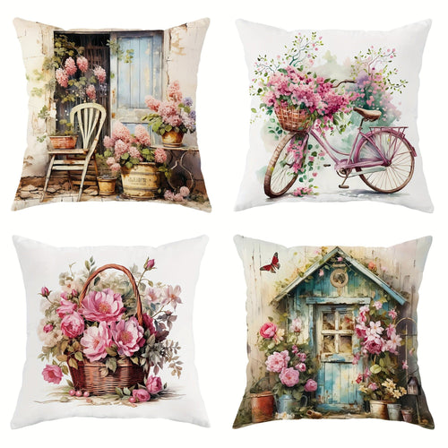 Planet Gates Pink 4pcs Bicycle Floral Basket Cabin Green Pink Throw Pillow Cover, Spring Farmhouse Throw Pillow Cover Velvet Decorative Throw Pillow Cover 45×45Cm/18"×18", Suitable For Spring Party Living Room Bedroom Sofa Bed Decoration