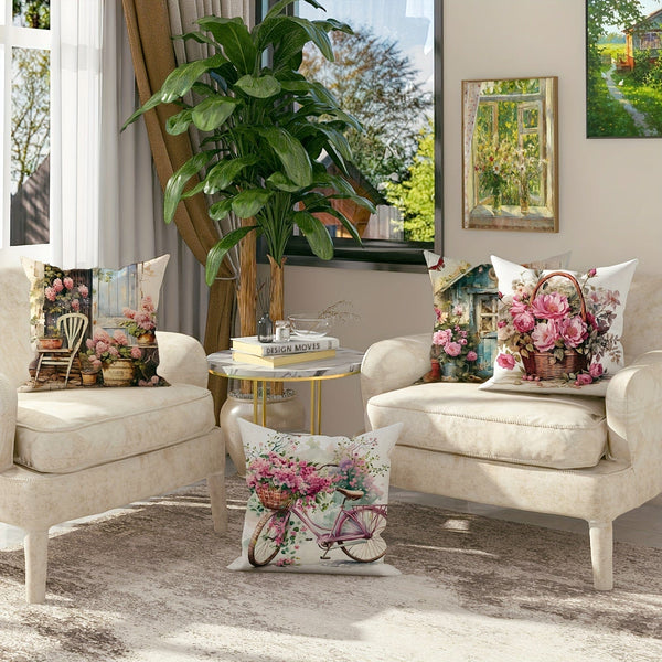 Planet Gates Pink 4pcs Bicycle Floral Basket Cabin Green Pink Throw Pillow Cover, Spring Farmhouse Throw Pillow Cover Velvet Decorative Throw Pillow Cover 45×45Cm/18"×18", Suitable For Spring Party Living Room Bedroom Sofa Bed Decoration