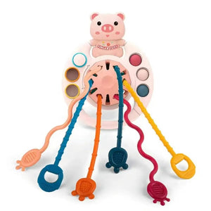 Planet Gates Pink 5 IN 1 Pink Pig Silicone Pull String Baby Develop Teething Montessori Sensory Educational Toy Travel Toys For Stroller