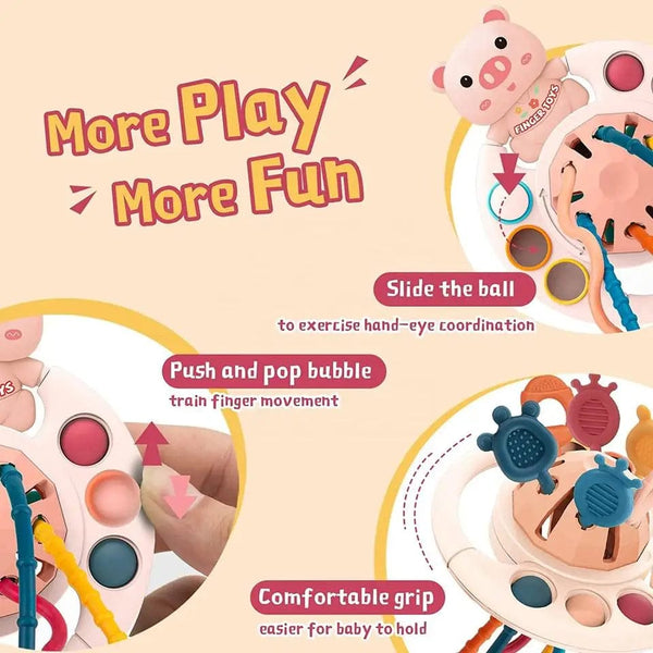 Planet Gates Pink 5 IN 1 Pink Pig Silicone Pull String Baby Develop Teething Montessori Sensory Educational Toy Travel Toys For Stroller