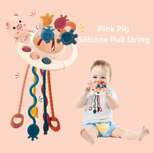 Planet Gates Pink 5 IN 1 Pink Pig Silicone Pull String Baby Develop Teething Montessori Sensory Educational Toy Travel Toys For Stroller