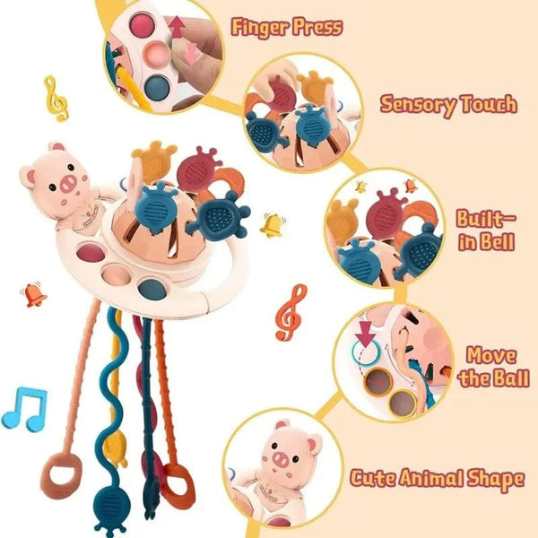 Planet Gates Pink 5 IN 1 Pink Pig Silicone Pull String Baby Develop Teething Montessori Sensory Educational Toy Travel Toys For Stroller