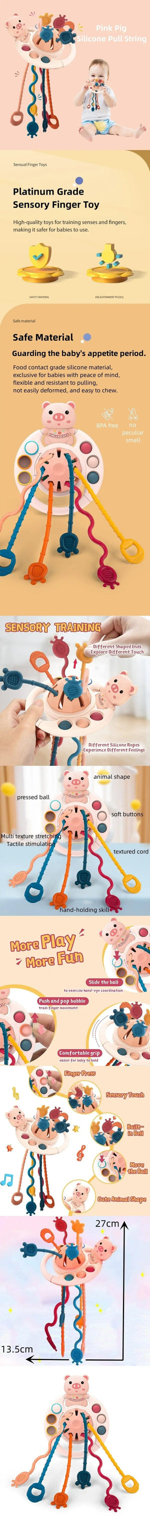 Planet Gates Pink 5 IN 1 Pink Pig Silicone Pull String Baby Develop Teething Montessori Sensory Educational Toy Travel Toys For Stroller