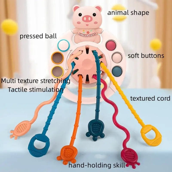 Planet Gates Pink 5 IN 1 Pink Pig Silicone Pull String Baby Develop Teething Montessori Sensory Educational Toy Travel Toys For Stroller