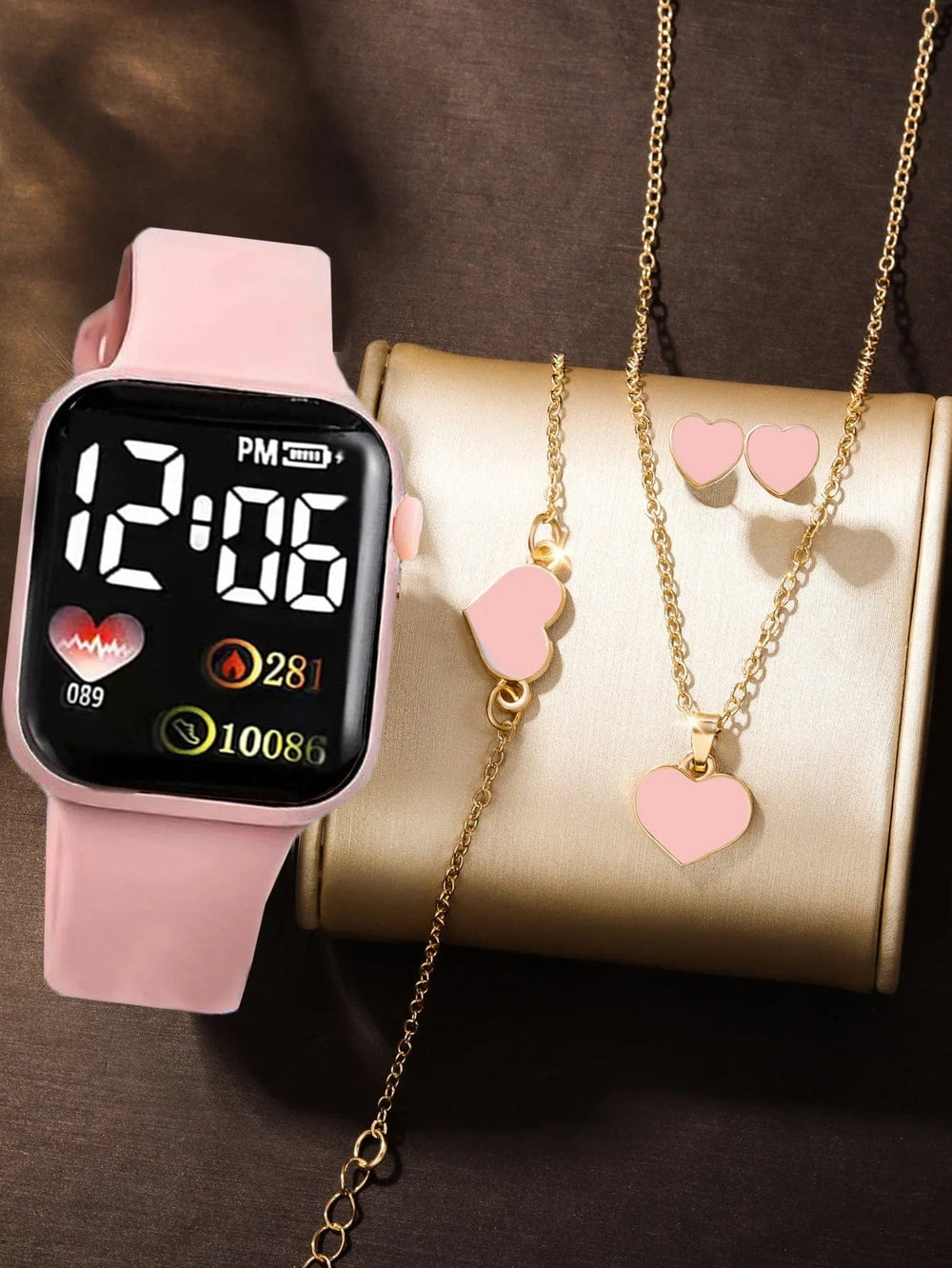 Planet Gates black 5pcs  Rectangular classic fashion Girls Women's digital watch with Love jewelry set analog watch gift