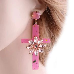Planet Gates pink apricot Drop Resin Cross Earrings Brand Crystal Big Earring Large Long Brinco Ear Accessories Oorbellen Christmas Gift jewelr
