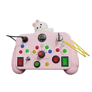 Planet Gates Pink Bunny Cartoon Montessori Busy Board Sensory Toys with LED Light Switch Control Board Travel Activities Children Game for 2-4 Years Old