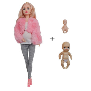 Planet Gates pink coat Educational Toy Pregnant Dolls for Children with Two Babies and Random Shoes Accessories Fashion Clothes Gift for Barbie Games