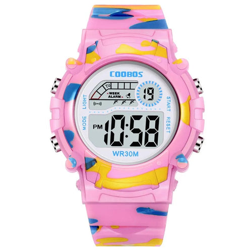 Planet Gates Pink COOBOS Kids Watch Camouflage Sports Electronic Digital Watch Waterproof Multi-function LED Watch For Boys Girls Children Watch
