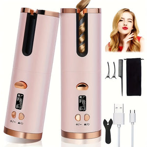 Planet Gates Pink Cordless Automatic Curling Iron - USB Rechargeable, Anti-Tangle, Ceramic Cylinder, Quick Heating, 5-Level Temperature Control - Perfect For Long Hair, Includes Gift Box