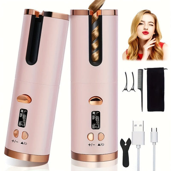 Planet Gates Pink Cordless Automatic Curling Iron - USB Rechargeable, Anti-Tangle, Ceramic Cylinder, Quick Heating, 5-Level Temperature Control - Perfect For Long Hair, Includes Gift Box
