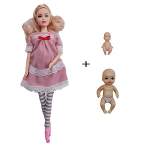 Planet Gates pink dress Educational Toy Pregnant Dolls for Children with Two Babies and Random Shoes Accessories Fashion Clothes Gift for Barbie Games