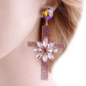 Planet Gates pink Drop Resin Cross Earrings Brand Crystal Big Earring Large Long Brinco Ear Accessories Oorbellen Christmas Gift jewelr